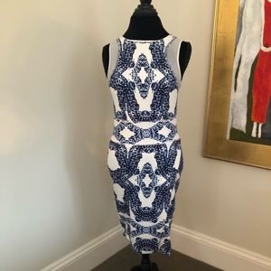 Tart White and Navy Blue Printed Midi Sheath Dress